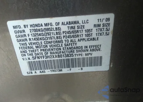 2010 Honda Pilot Lx z USA, uszkodzony, nr VIN 5FNYF3H2XAB013835